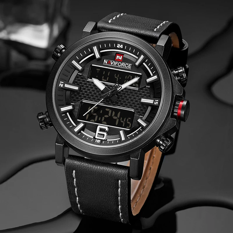 Naviforce New Men Fashion Sport Watch Men Leather Waterproof Quartz Watches Male Date Led-5