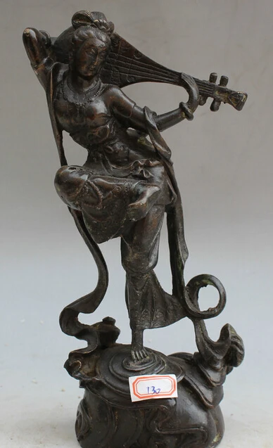 

7" Old Chinese Bronze Folk Stand Palace belle Girl Lady play musical Lute Statue R0711 B0403