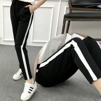 

2018 Spring Loose Leisure Harem Pants Women High Quality Soft Spliced Side Stripe Trousers Mujer Wild Slim Black Casual Pantalon