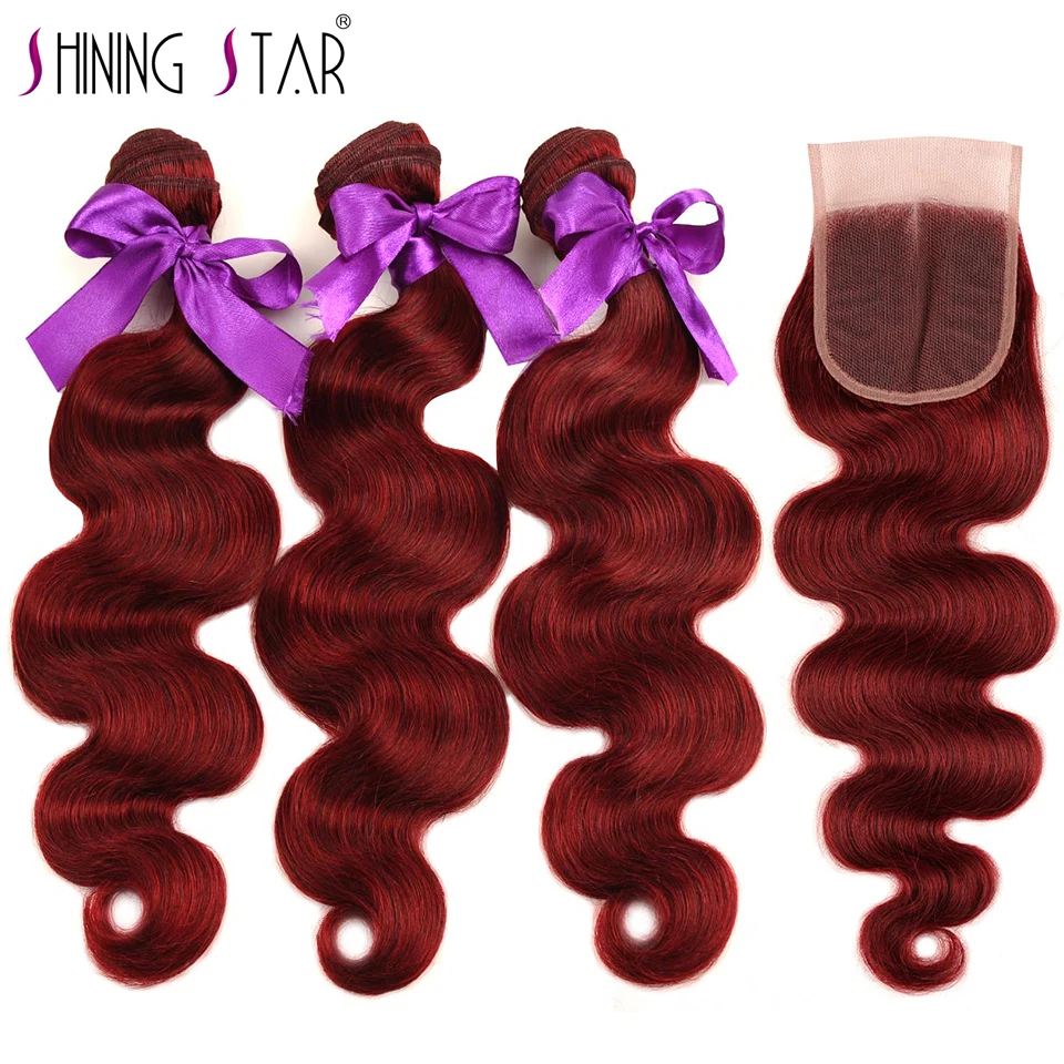 Shining Star 99J Bold Red 3 Burgundy Bundles With Closure Malaysian Body Wave Colored Human Hair Bundles With Closure Non Remy