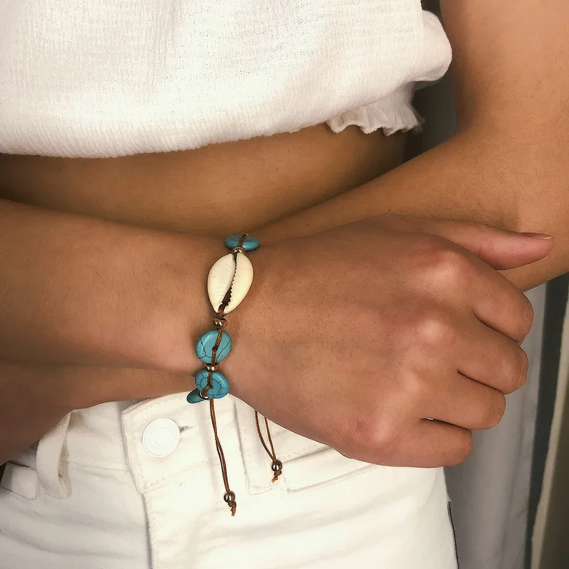 

Fashion bohemian natural shell charm bracelet for women ethnic wind green color stone disc hand woven bracelet jewelry 2019