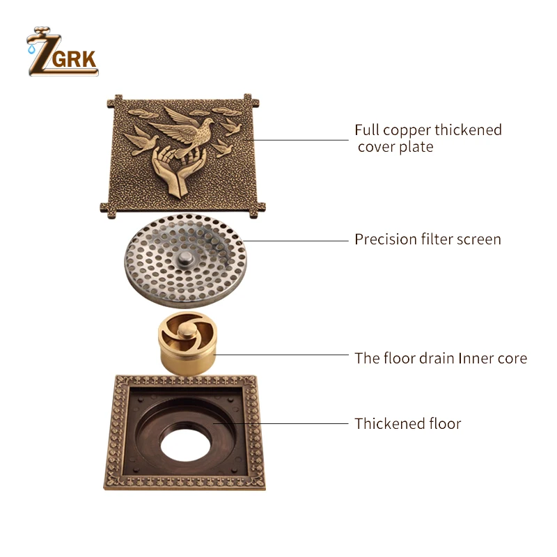 ZGRK Слив для душа 12X12 см, Античный Твердый латунный трап, крышка, фильтр для ванной комнаты, аксессуары для ванной комнаты, художественные резные квадратные стоки