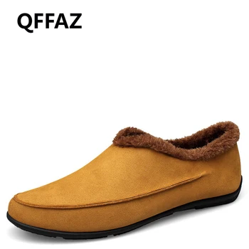 

QFFAZ fashion shoes 2018 Suede Leather Men Loafers Winter Shoes With Fur Soft Men Driving Shoe sepatu pria casual Big Size 38-48