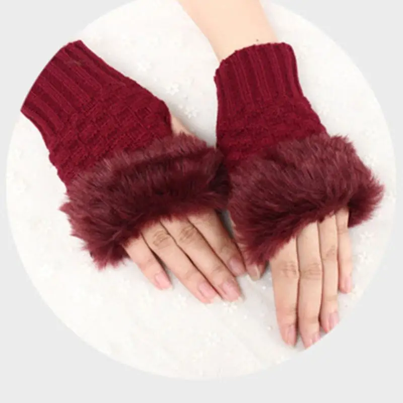 Womens Faux Fur Hand Wrist Warmer Winter Knitted Fingerless Gloves