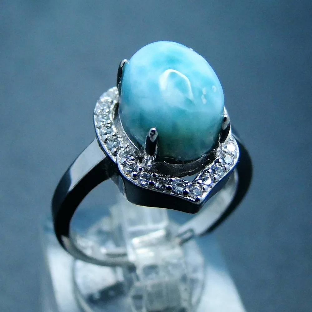 Genuine Larimar Female Rings 8X10MM Blue Crystal Stone Fine 925 Sterling Silver Jewelry Rings Ocean Stone Gemstone Ring Band