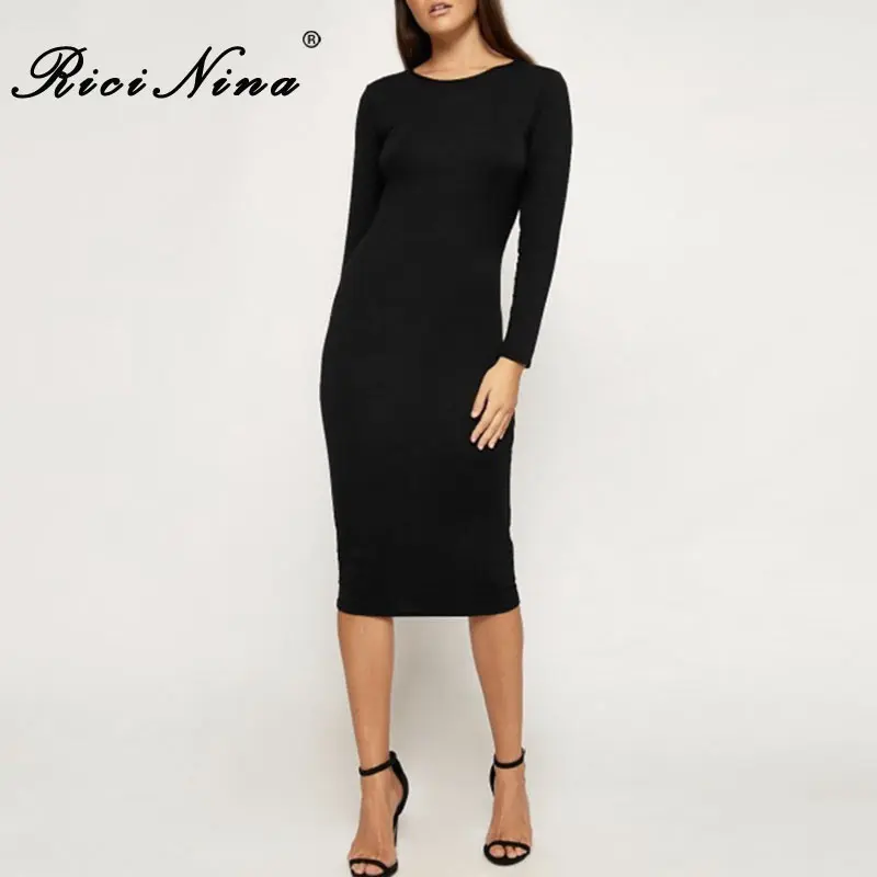 RICININA 2019 Women Dress Woman O-Neck Long Sleeve Slim Midi Dress Vestidos Ladies Spring Autumn Casual Sexy Bodycon Dresses