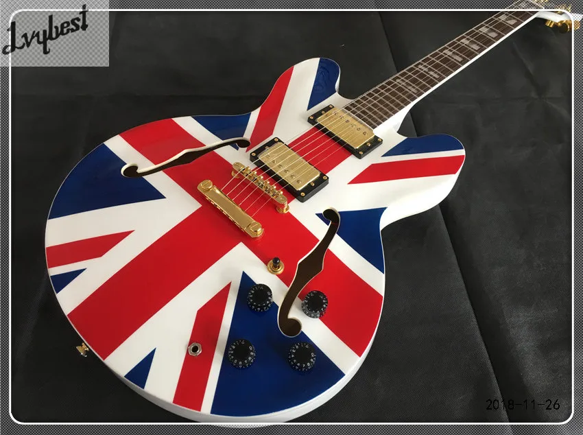 

Lvybest hollow body jazz electric guitar,with flag decal.rosewood fingeroboard,solid white,gold parts,free shipping@