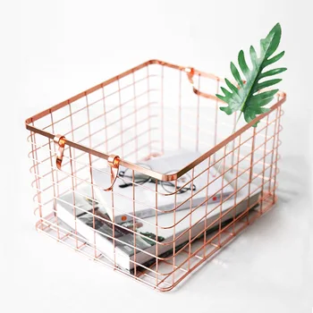 

1Pcs Metal Rose Gold Storage Basket Home Office Desk Book Magazine Storage Basket Kitchen Bathroom Sundries Snacks Organizer