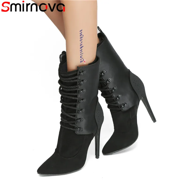 

Smirnova 2019 fashion ankle boots women pointed toe super high thin heels shoes cross tied autumn winter boots women plus size