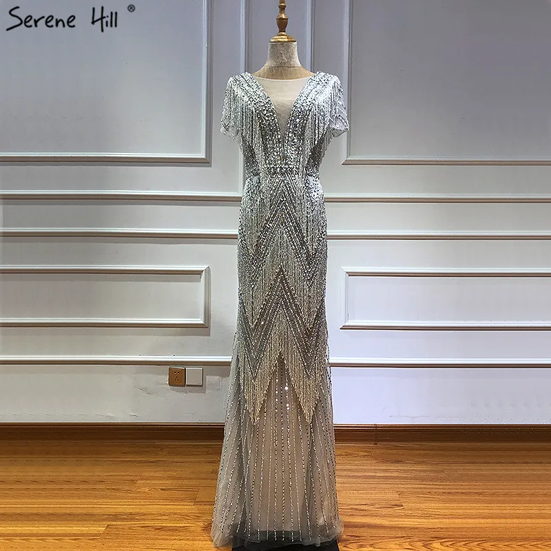 

Dubai Gold V-Neck Tassel Luxury Evening Dresses 2019 Latest Design Short Sleeves Sexy Evening Gowns Serene Hill LA60918