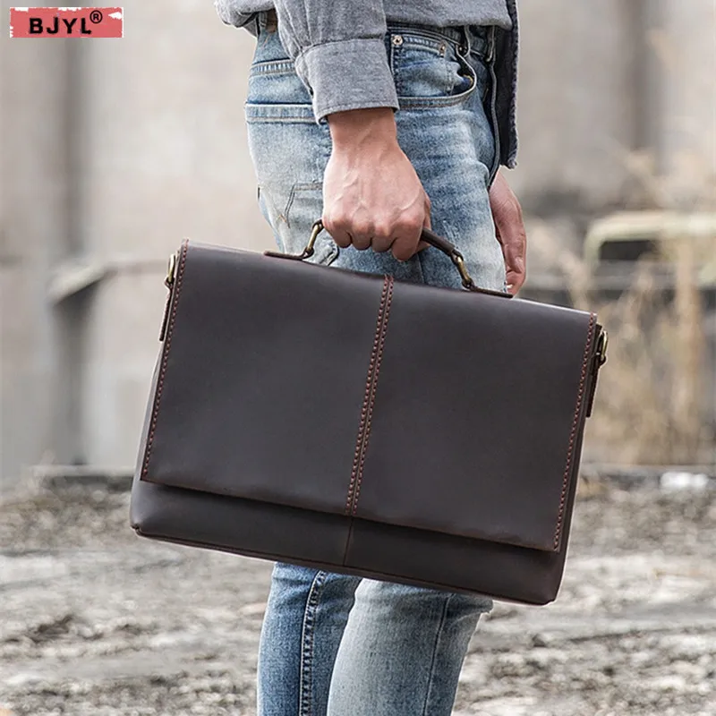 

BJYL Handmade Genuine leather men's handbag business briefcase men's retro computer cross section laptop shoulder messenger bags