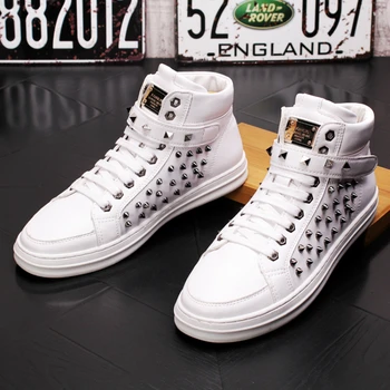 

mens casual genuine leather rivets shoes punk nightclub dress sneakers outdoor platform ankle boots black white zapatos hombre