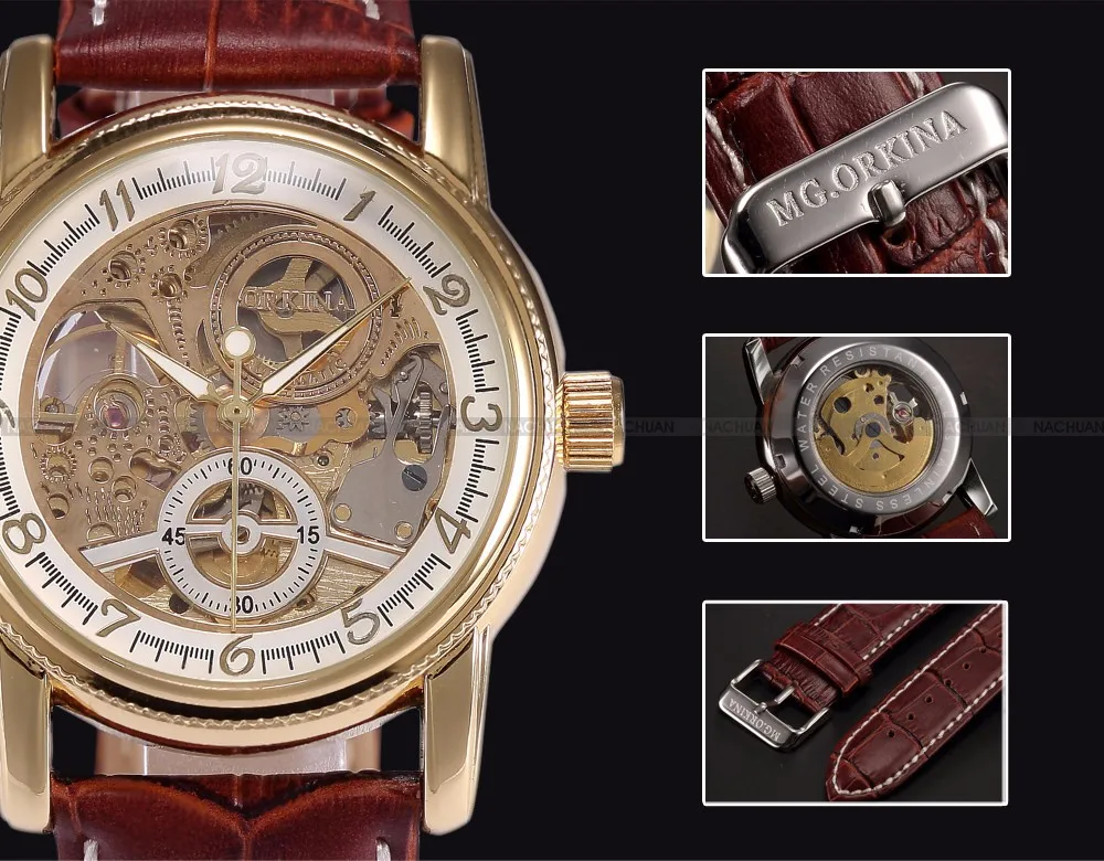 Мужские наручные часы Роскошный Золотой Скелет механические стимпанк мужские часы Автоматические наручные часы кожаный ремешок Herren Horloges