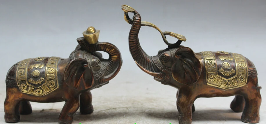 

6" Chinese Folk Bronze Gilt Bat Wealth YuanBao RuYi Animal Elephant Statue Pair S0706 B0403