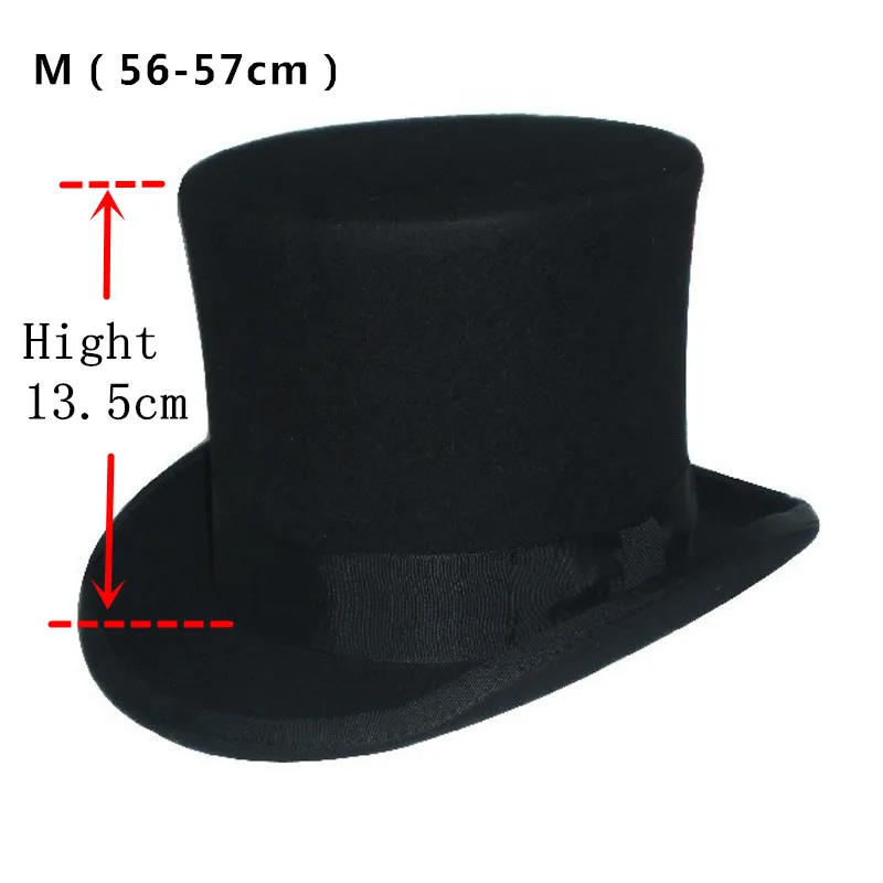 LUCKYLIANJI, 13,5 см, 4 размера, стимпанк, викторианский стиль, официальный Топ, шляпа, шерсть, фетр, винтажный, волшебник, федоры, Mad Hatter, президент, котелок, шляпа - Цвет: Black M 56 To 57cm