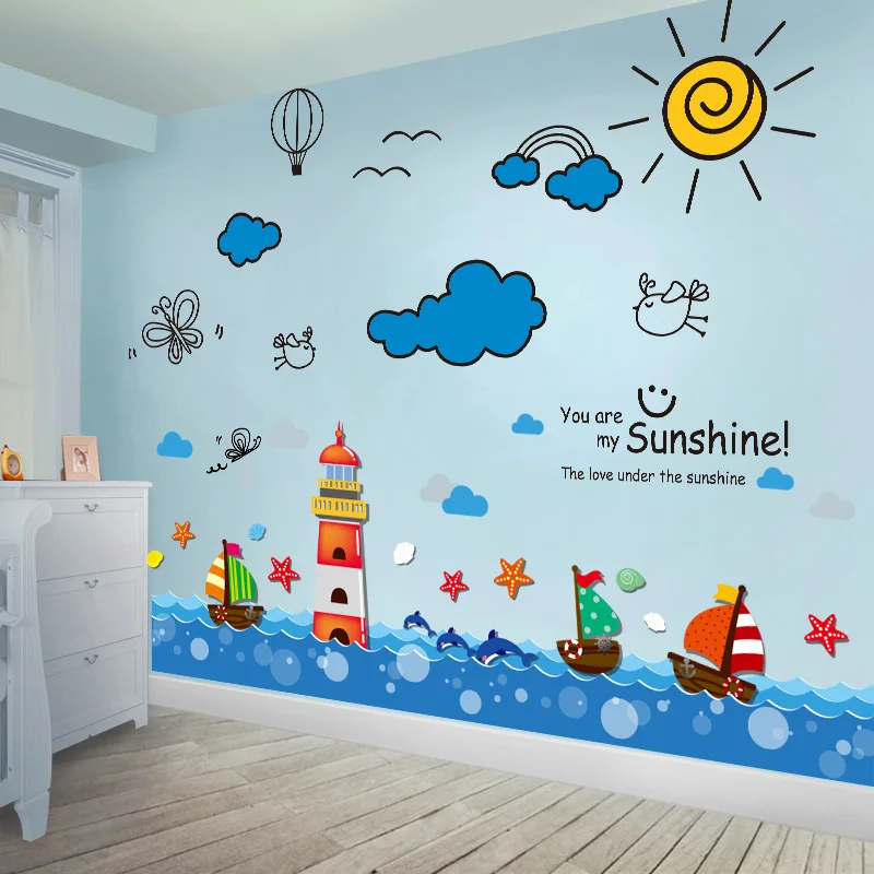 

[shijuekongjian] Sailboat Lighthouse Wall Stickers PVC DIY Cartoon Clouds Sun Wall Decals for Kids Room Baby Bedroom Decoration