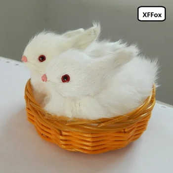 

a pair of small real life rabbit models in a basket plastic&furs white rabbit doll gift about 12x5x11cm xf1952