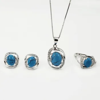 

Real Pure Sterling Silver 925 Jewelry Set Geometric For Women With Natural Turquoise Stone Personalized Jewelry