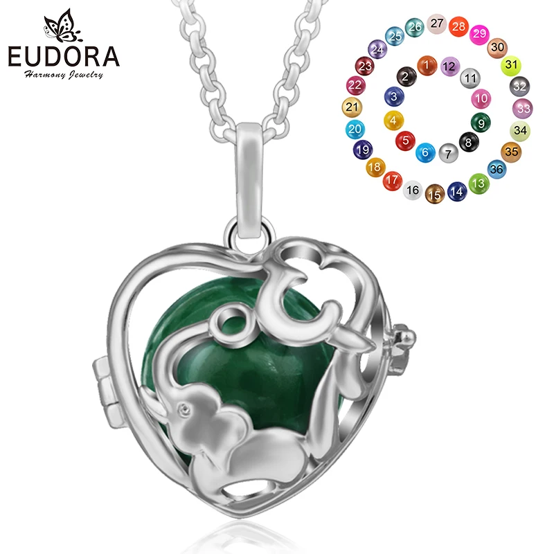 

EUDORA 20mm Long Necklace Harmony Ball Cute Elephant Design Locket Cage Pendant Chian Colorful Chime Mexican Bola DIY Jewelry