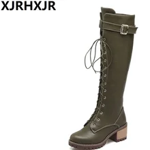 XJRHXJR/высокие сапоги с перекрестными ремешками; модные женские сапоги для верховой езды на Высоком толстом каблуке с круглым носком; женские мотоциклетные сапоги до колена; большие размеры
