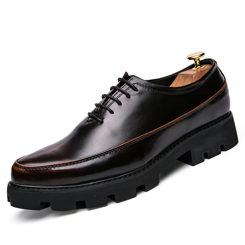 Деловая кожаная обувь в стиле Дерби на толстой подошве; роскошные мужские свадебные модельные туфли на шнуровке в итальянском стиле; туфли-лодочки для офиса; каблук 4 см - Цвет: Brown