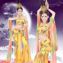 Традиционная китайская народная Танцевальный костюм Китайская народная Танцы костюм Богиня костюм Древняя китайская костюмы желтый Танцы R одежда