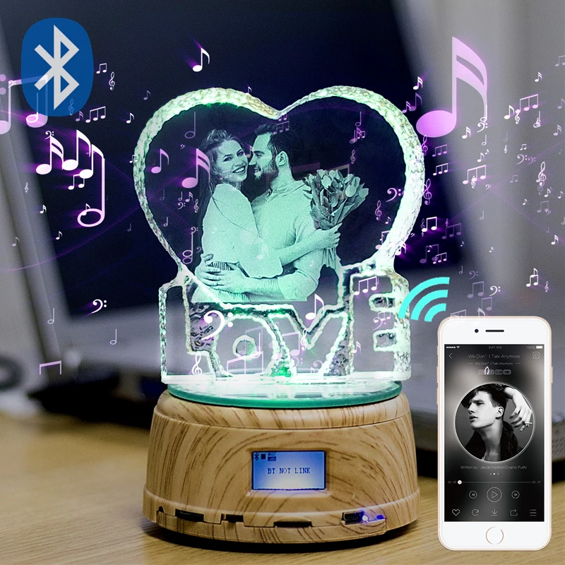  Personalized Photo LED Night Light Wood Base Crystal Photo MP3 Music Swivel Display Bluetooth Lamp  - 32983778729