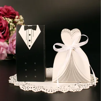 

100Pcs Groom Tuxedo Bridal Dress Candy Box Ribbon Wedding Favors Sugar Case Chocolate Bag Gifts Box Wedding Decor Party Supplies