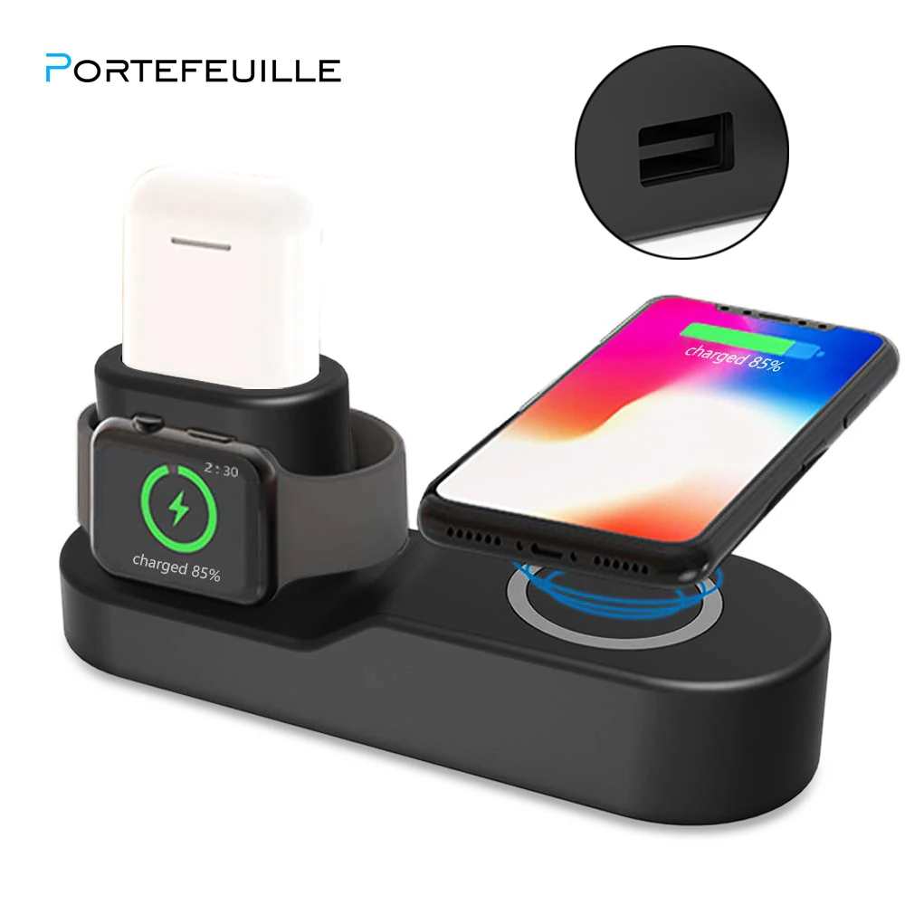 

Portefeuille 4 in1 Qi Wireless Charger Dock Pad Stand For iphone XS MAX XR 8 Plus X10 Apple Watch 3 2 Airpods Induction Charging