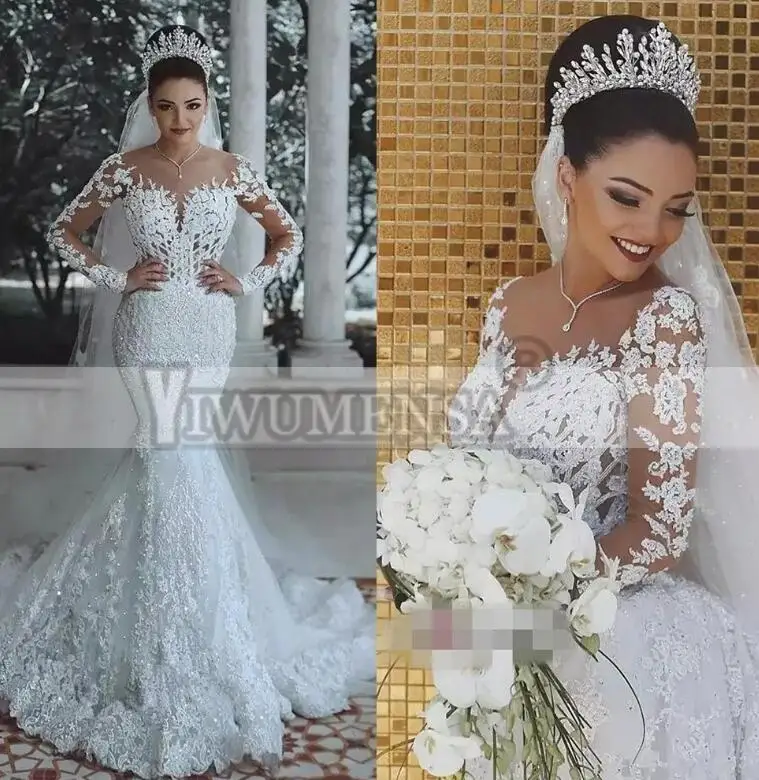 wedding dress for women Dubai Saudi Arabic Mermaid Wedding Dress Plus Size Full Sleeves Robe De Marriage Bride Appliques Lace Beads Bridal Gowns Chic blue wedding dress Wedding Dresses