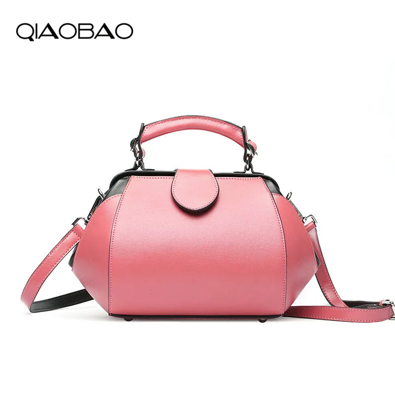 

QIAOBAO 2018 New female Leather bag Korean fashion shoulder Messenger bag simple hit color doctor bag portable ladies bag