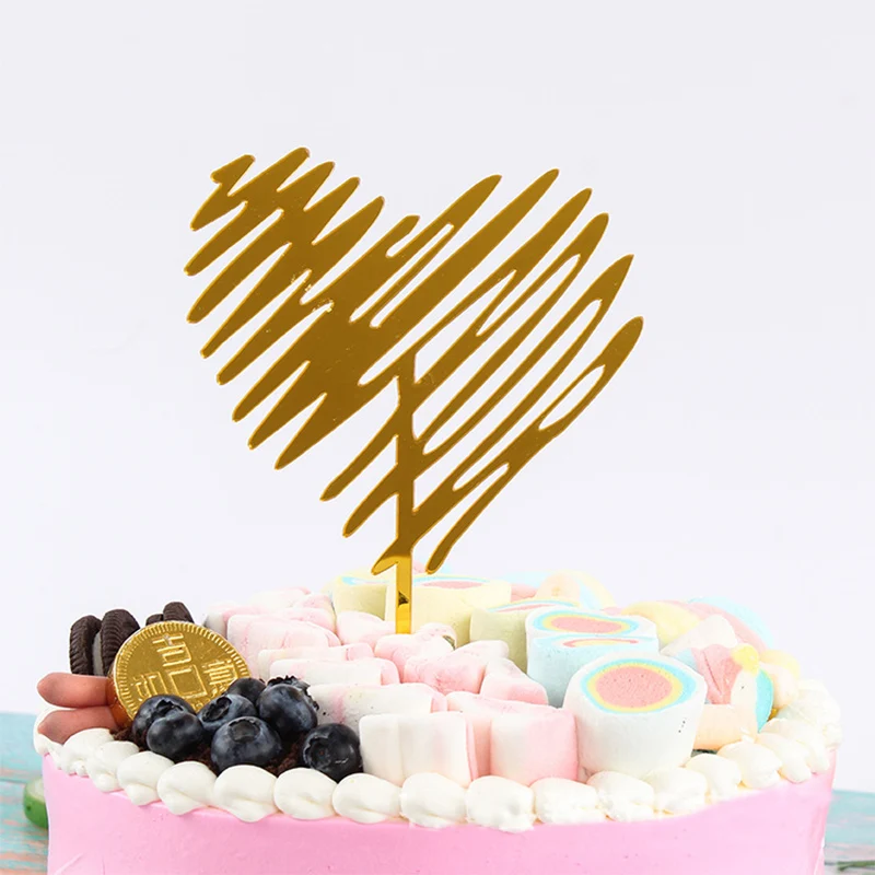 Украшения для торта в форме сердца с золотым блеском, акриловые, Новые вечерние украшения на день рождения
