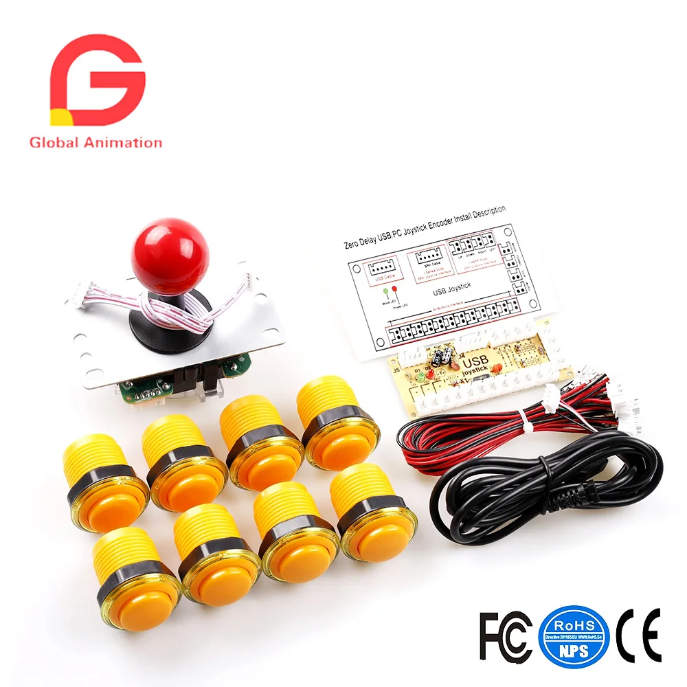 

Arcade Game DIY Kit 8X Arcade Push Button With Translucent Rim + 1X Zero Daley USB Encoder + 1X 5Pin 8Way Joystick For PC