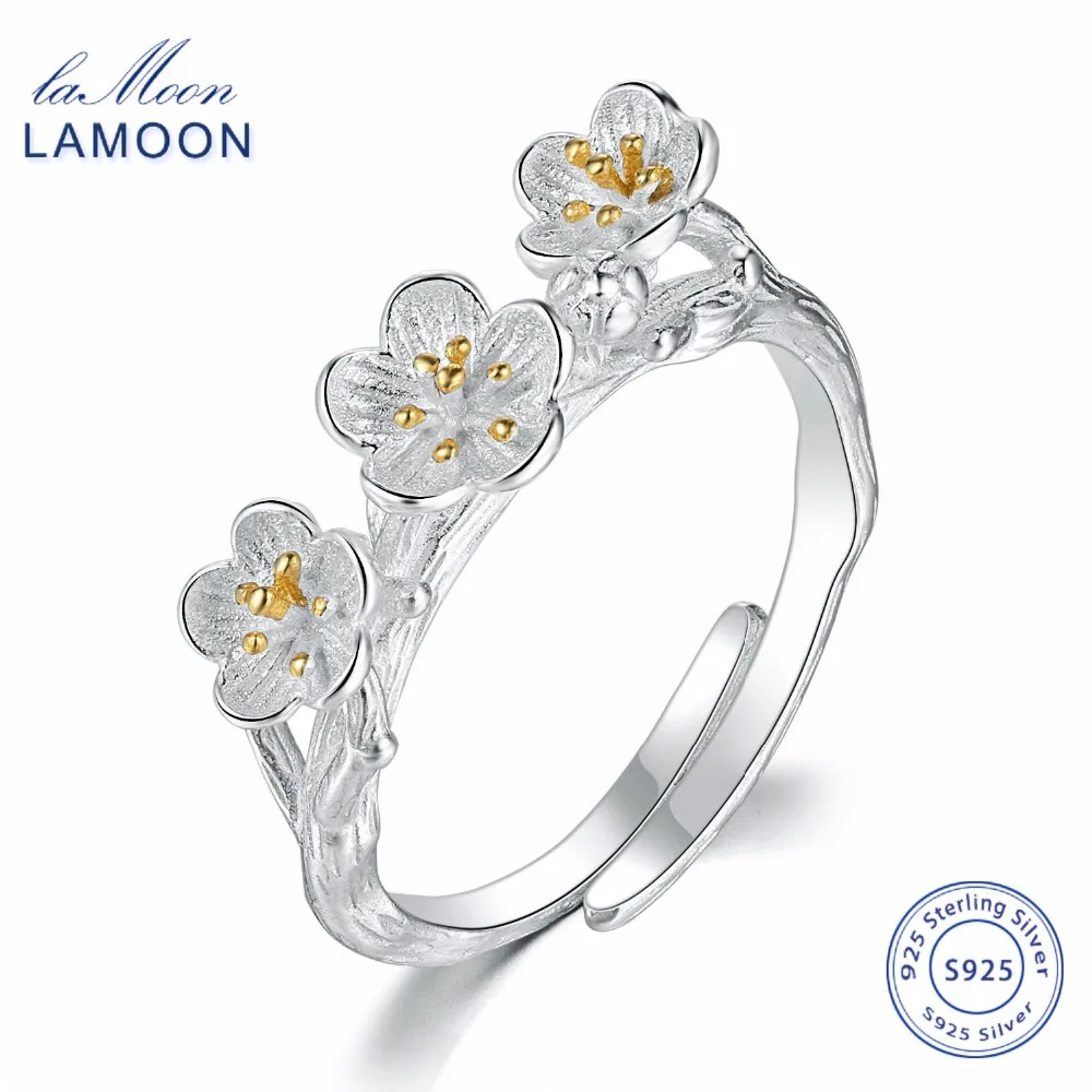

LAMOON Wiredrawing 2 Colors Plum Flower S925 Adjustable Rings 925 Sterling Silver Fine Jewelry for Women Anti Allergy LMRY009