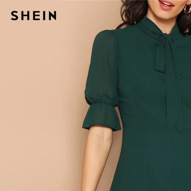 Goede SHEIN Lady Green Elegant Tie Hals Stand Kraag Flounce Mouw Mini Jurk Lente Solid Half Sleeve Ruches EEN Lijn jurk