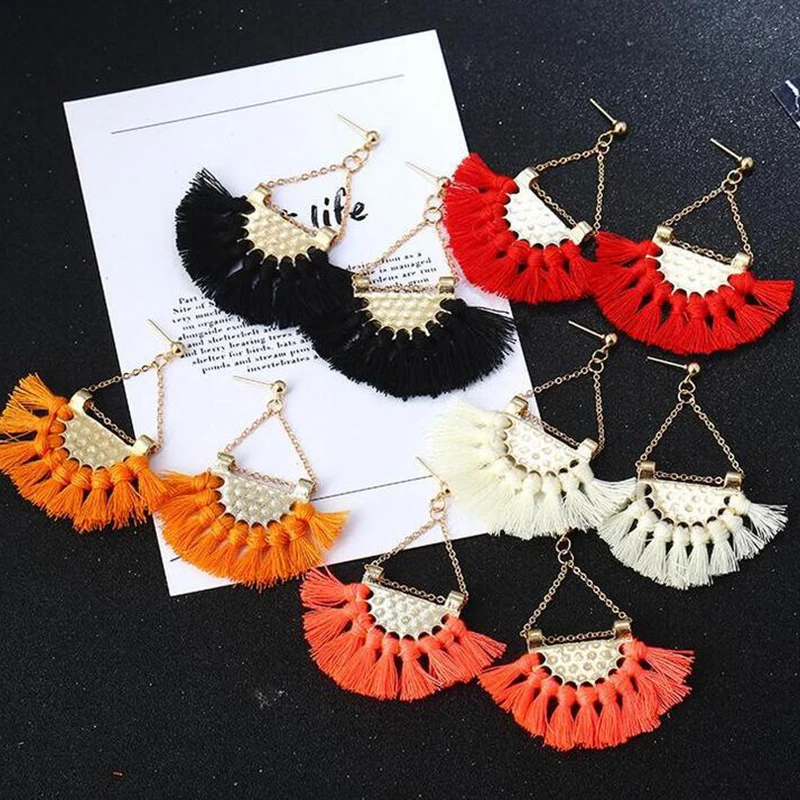 

QTWINDY Tassel Drop Earrings for Women Fashion Fan Shaped Statement Bohemian Handmade Brincos Fringe Earring Pendientes Jewelry