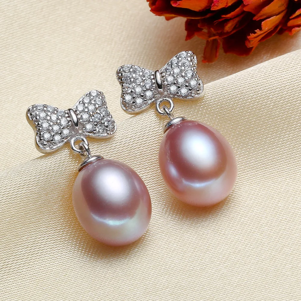 

Women Gift word 925 Sterling silver real [bright pearl] natural freshwater pearl earrings earring drip shapedWhite pink purple