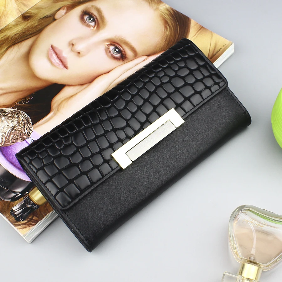 

Large Capacity 3 Fold Women Wallet Long Genuine Leather Women Wallet 2019 Purse Female Clutch Ladies Snake Skinr Wallets Black