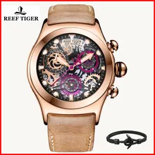 Reef Tiger/RT Роскошные Брендовые спортивные часы для мужчин s водонепроницаемые светящиеся кварцевые часы с кожаным скелетом мужские часы Relogio Masculino