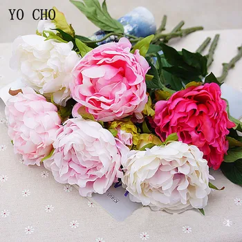 YO CHO White Peonies Artificial Flowers Pink Silk Red Wedding Flowers Bouquet Rose Artificial Peonies for Decoration Fake Flower