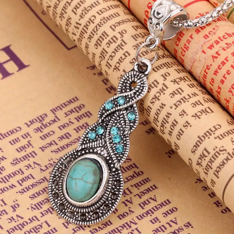 Vintage Charms Women Silver Long Chain Ethnic Tibetan Crystal Turquoise Water Drop Shape Pendant Necklace Bohemian Jewelry