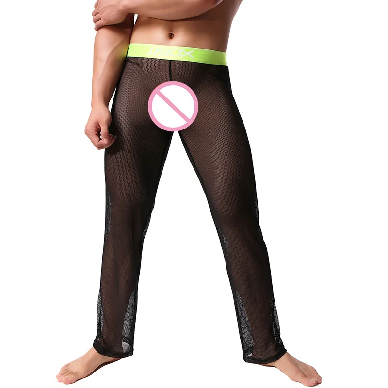 

AIIOU Men's Sexy Mesh Long Johns Black Transparent Tights Breathable See Through Pants Ultra-thin Legging Undearpants Underwear