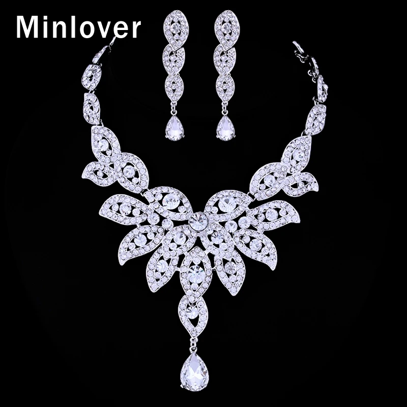 Minlover Wedding Accessories Crystal Silver Plated Necklace and Earrings for Women Bridal Jewelry Sets TL010
