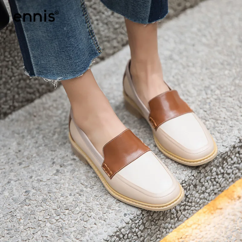 ENNIS Genuine Leather Boat Shoes Women Outdoor Casual Shoes Mixed Color Shoes Black Brown Flat Loafers Autumn Spring C9108