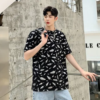 

Slim fit feather print round neck short-sleeved T-shirt simple top loose five-minute sleeves fashionable young men's wear