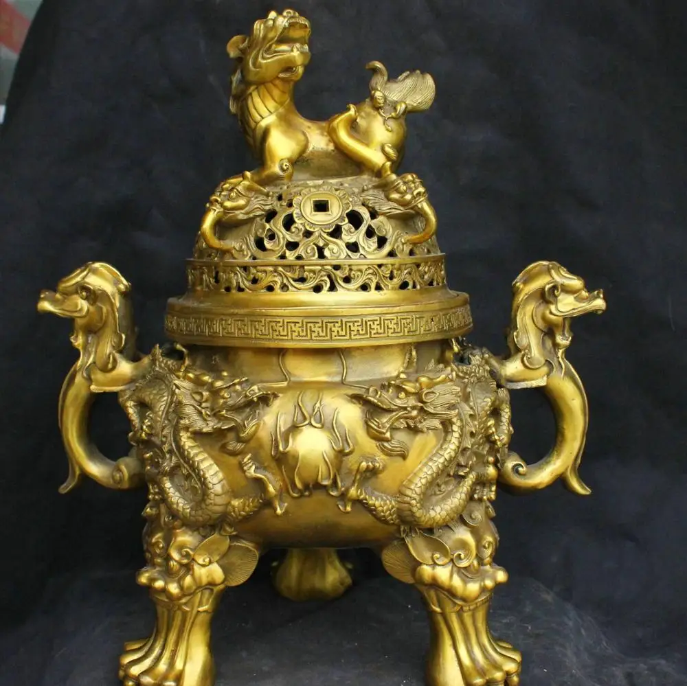Collect Chinese Fengshui Bronze Brass Statue Dragon Loong Beast incense