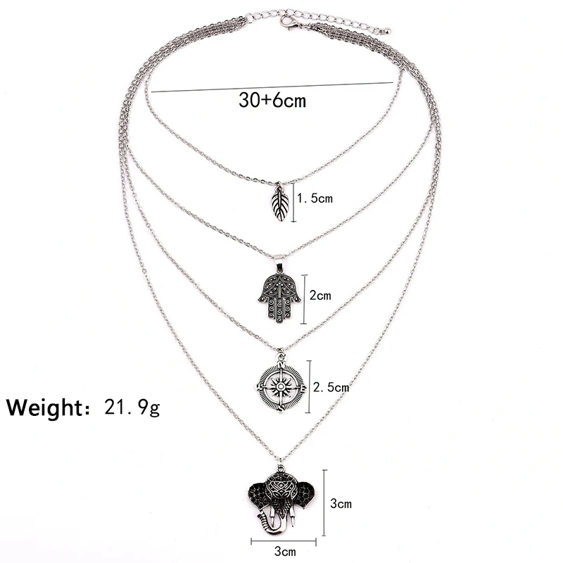 Панк слон листья Пальма компас многослойная цепочка Кулон ожерелье набор женское индивидуальное серебряное ожерелье в комплекте комбинация