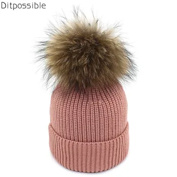 

Ditpossible Real Raccoon Fur Beanies for Women Knitted Hats Girls Skullies Caps Bonnet Gorro Female pompom Hat