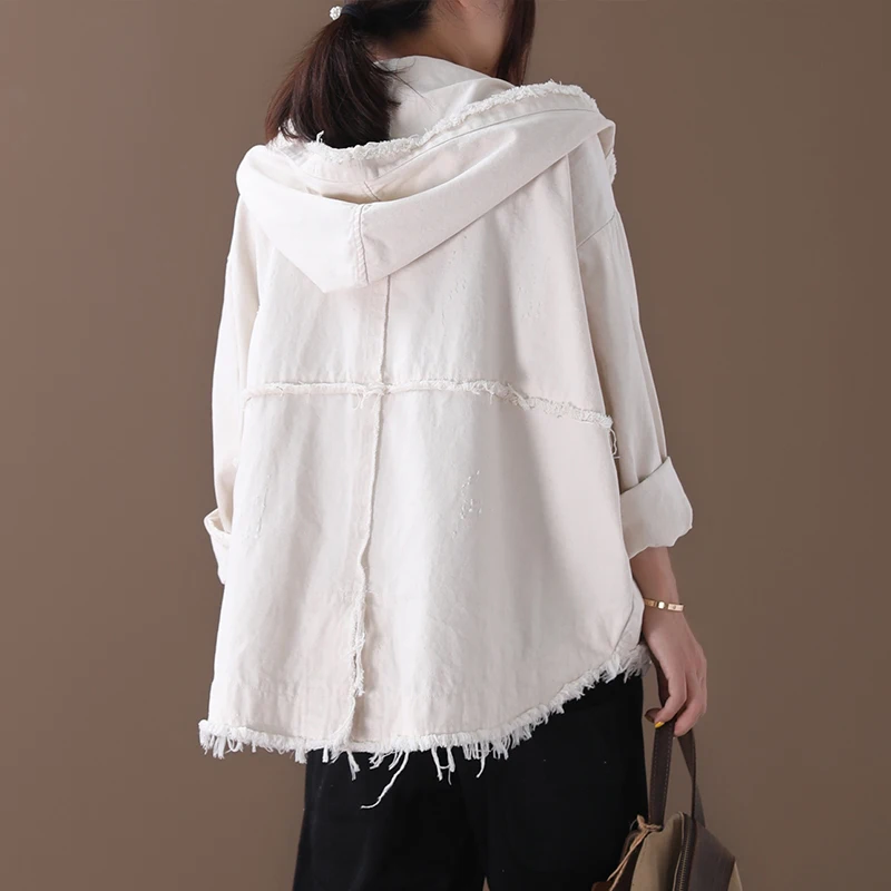discounted  [EWQ] 2020 Autumn New Pattern Office Lady Style Large Size Solid Color Vintage Washed Hooded Collar