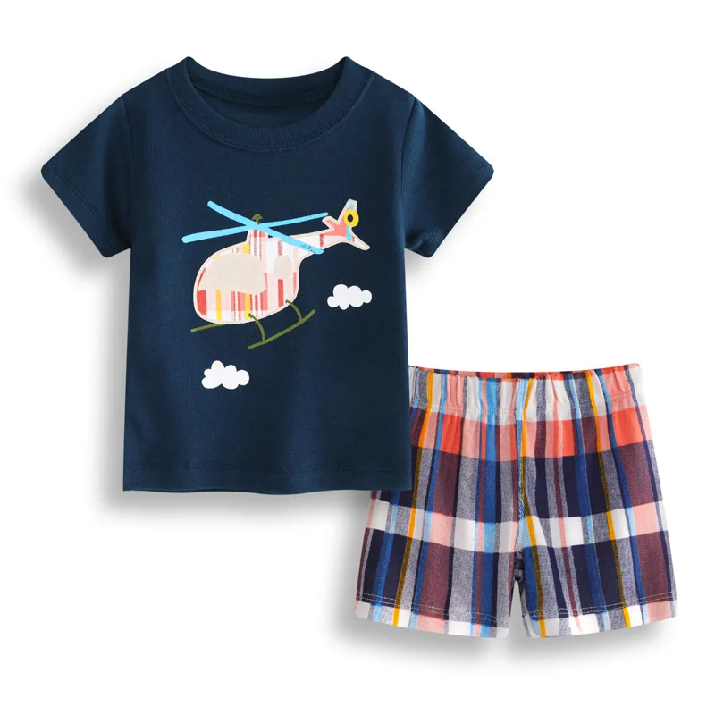 

New Baby Boys Clothes Sets Helicopter T Shirts+Plaid Printed Shorts 2 Pcs Suits for Boys Kids Short Sleeve T Shirts Shorts Sets